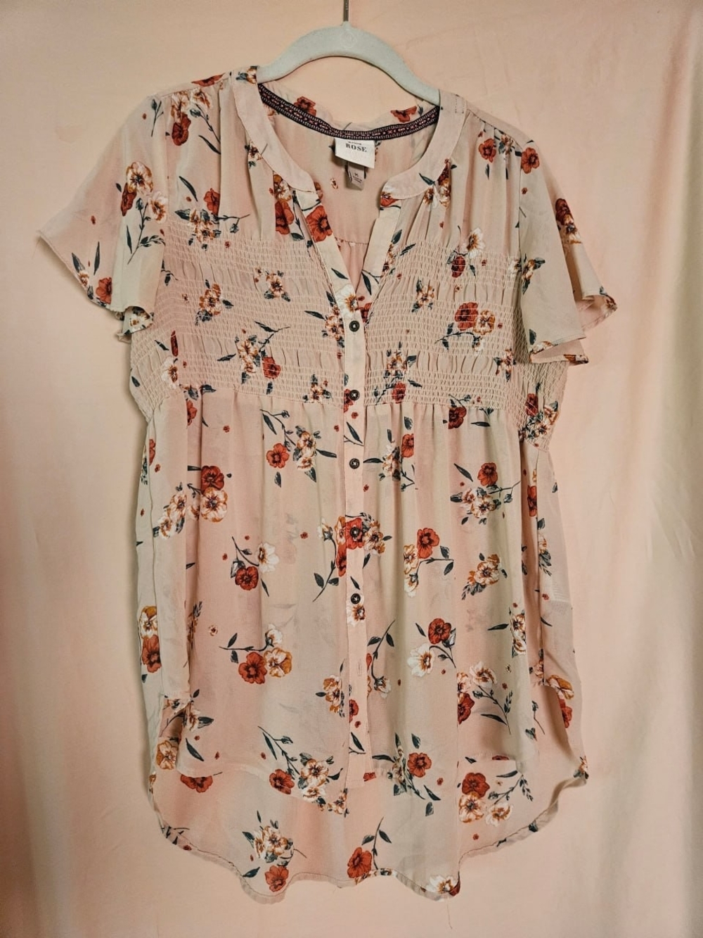 Knox Rose Cream Floral Smocked Flutter Sleeve Blouse